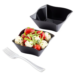 Mini Serve 100 6 oz Square Black Plastic Aqua Bowls and 100 Silver Plastic 4