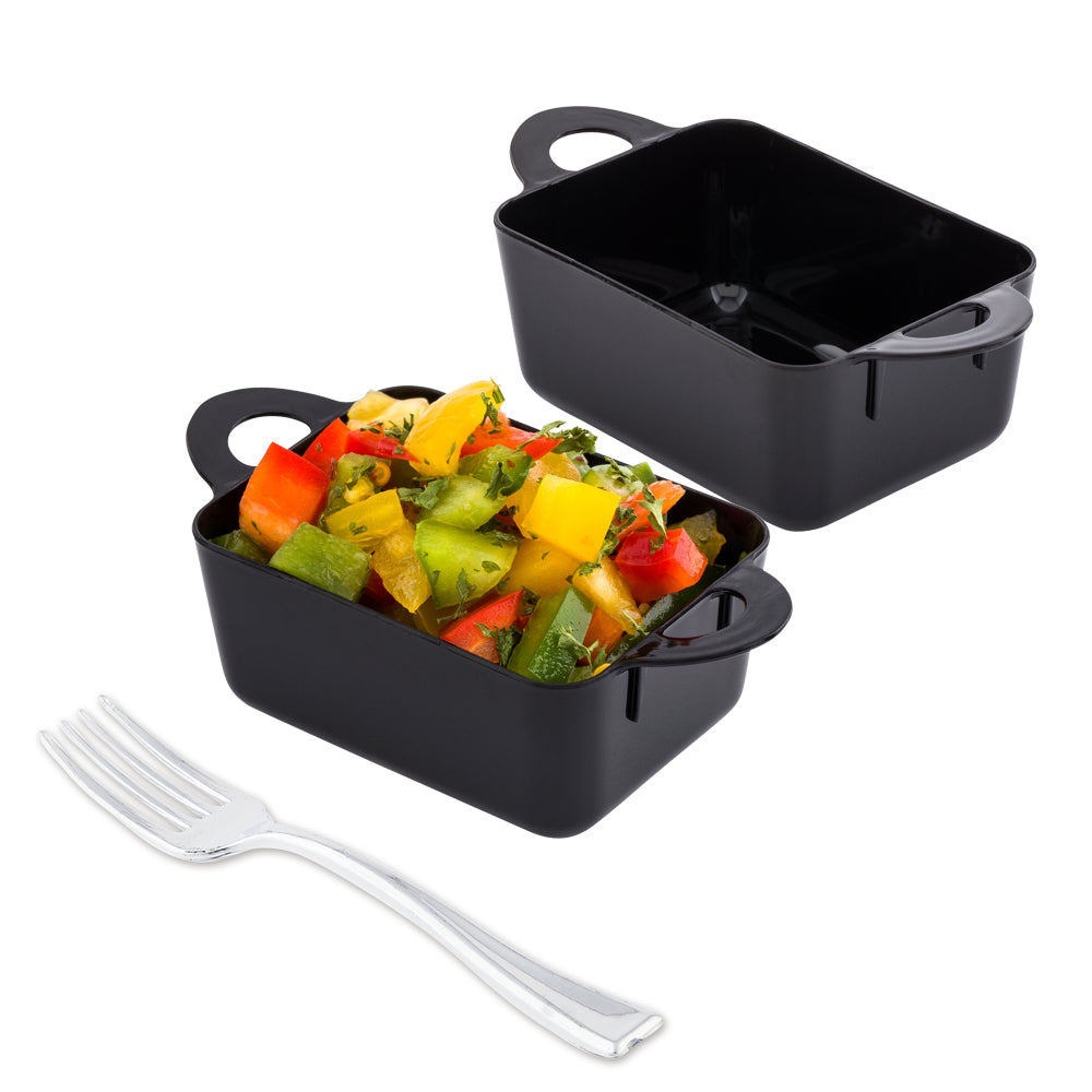 Mini Serve 100 3 oz Rectangle Black Plastic Cocottes and 100 Silver Plastic 4" Mini Forks