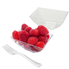 Mini Serve 100 3 oz Rectangle Clear Plastic Small Architetto Bowls and 100 Silver Plastic 4