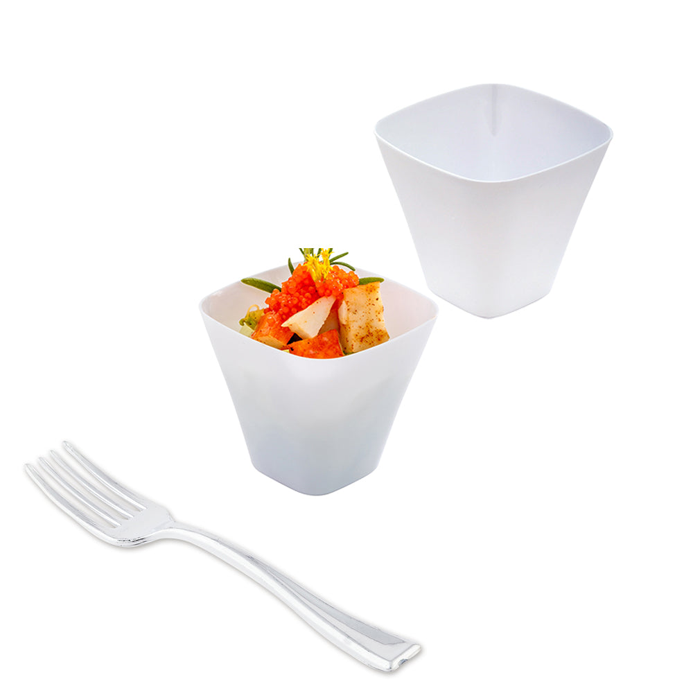 Mini Serve 100 4 oz Square White Plastic Bellissima Tasting Cups and 100 Silver Plastic 4" Mini Forks