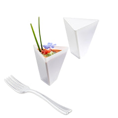 Mini Serve 100 4 oz Triangle White Plastic Torcente Dessert Cups and 100 Silver Plastic 4