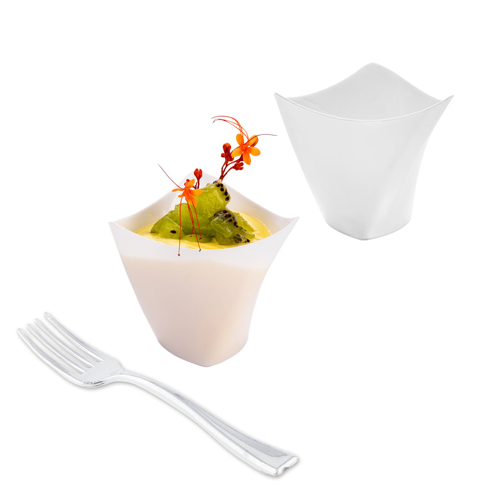 Mini Serve 100 4 oz White Plastic Mini Crescendo Cups and 100 Silver Plastic 4" Mini Forks