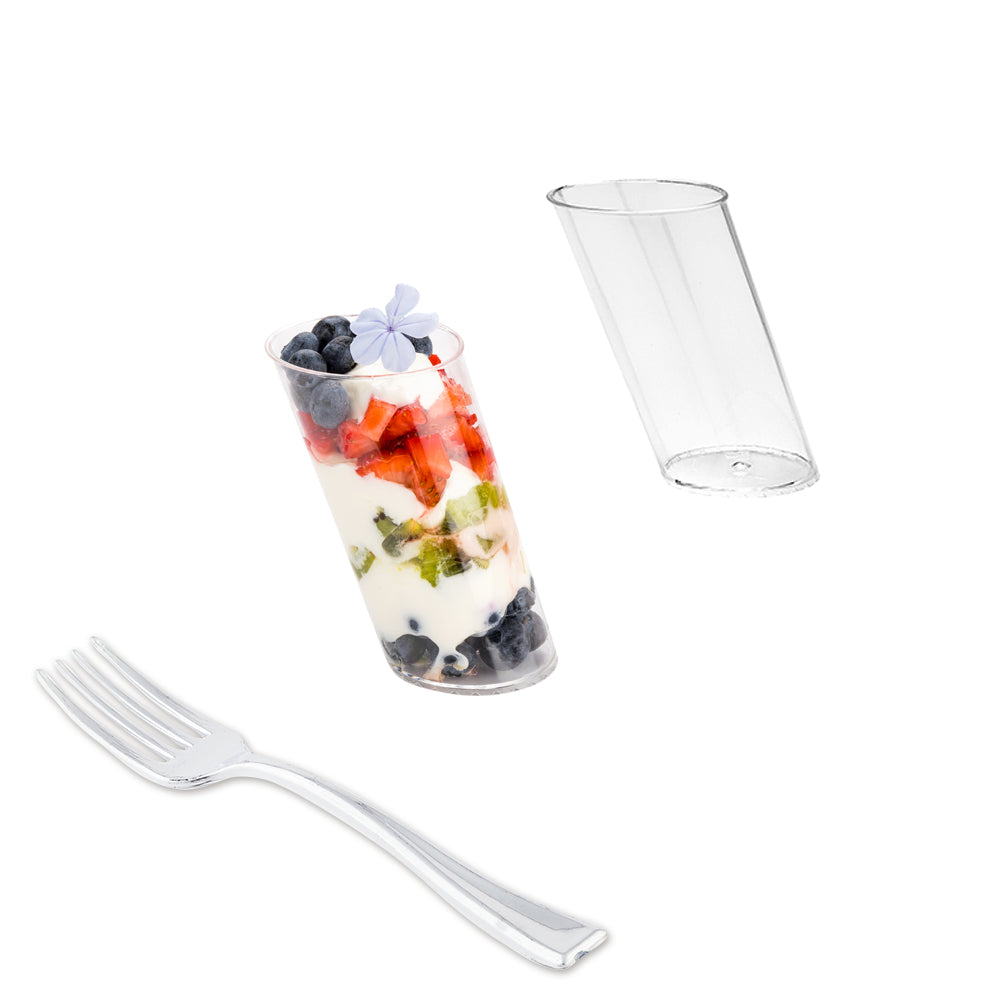 Mini Serve 100 3 oz Round Clear Plastic Mini Slope Cups and 100 Silver Plastic 4" Mini Forks