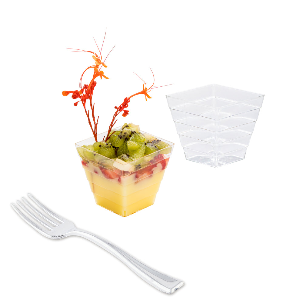 Mini Serve 100 2 oz Square Clear Plastic Mini Apogee Kova Cups and 100 Silver Plastic 4" Mini Forks