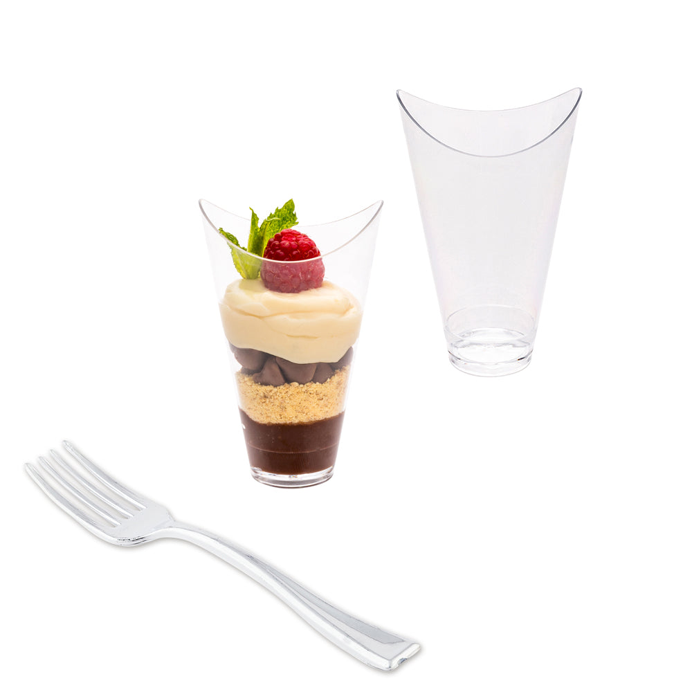 Mini Serve 100 3 oz Clear Plastic Mini Mezzaluna Cups and 100 Silver Plastic 4" Mini Forks
