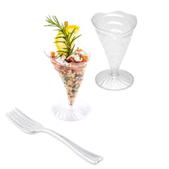 Mini Serve 100 3 oz Clear Plastic Nautilus Appetizer Cones and 100 Silver Plastic 4