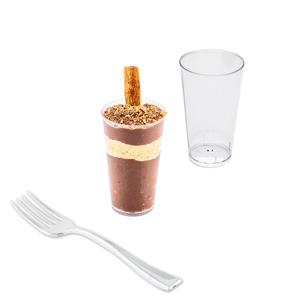 Mini Serve 100 3 oz Round Clear Plastic Cannello Dessert Glass and 100 Silver Plastic 4" Mini Forks