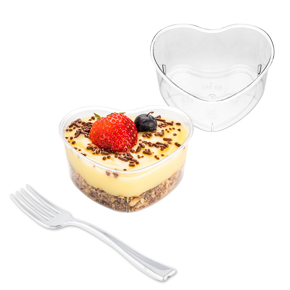 Mini Serve 100 5 oz Clear Plastic Mini Heart Cups and 100 Silver Plastic 4" Mini Forks