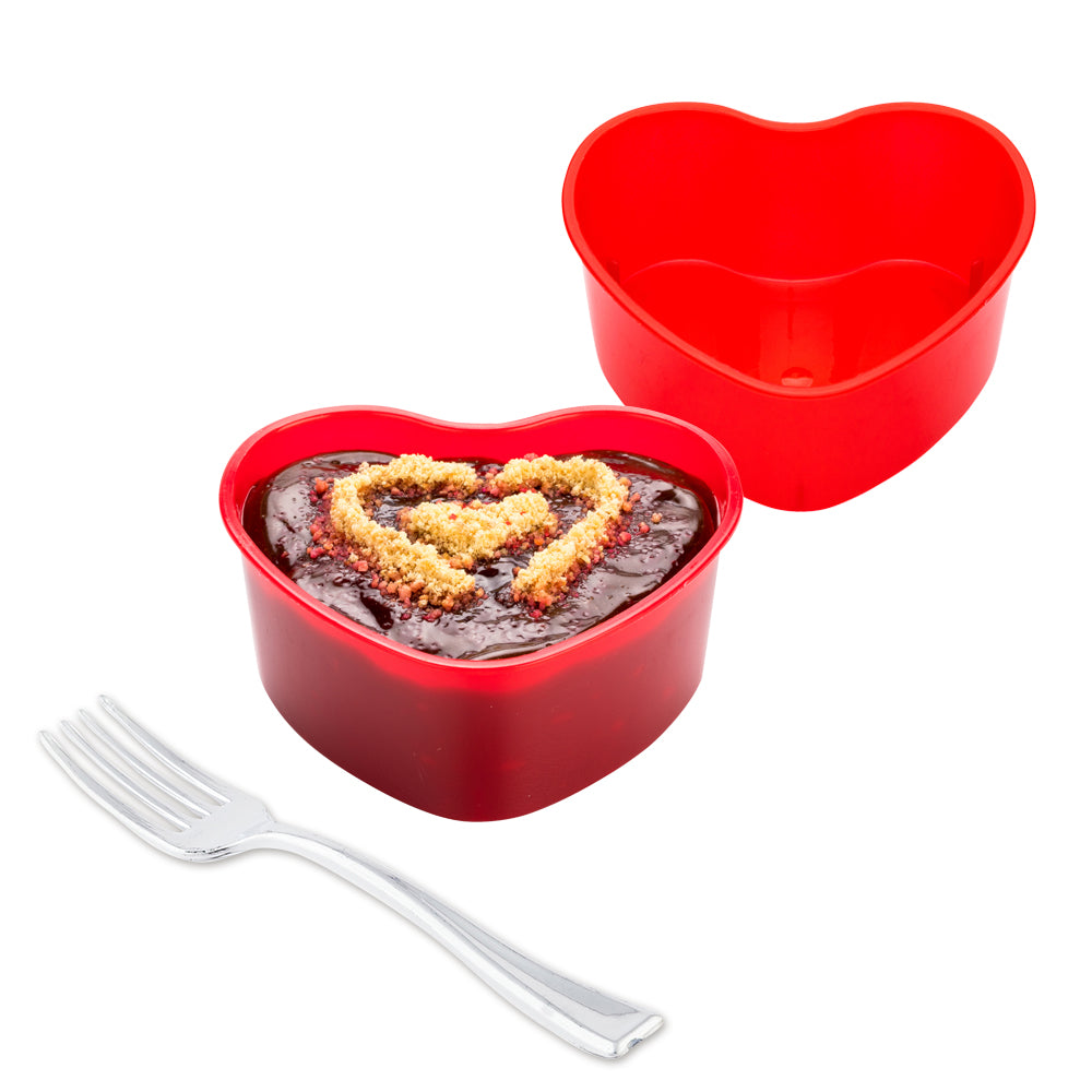 Mini Serve 100 5 oz Red Plastic Mini Heart Cups and 100 Silver Plastic 4" Mini Forks
