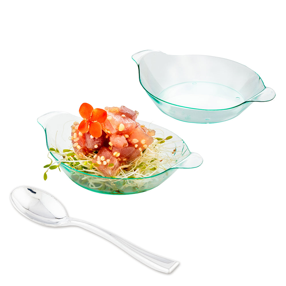 Mini Serve 100 Oval Seagreen 3.75" Plastic Mini Handled Plates and 100 Silver Plastic 4" Mini Spoons