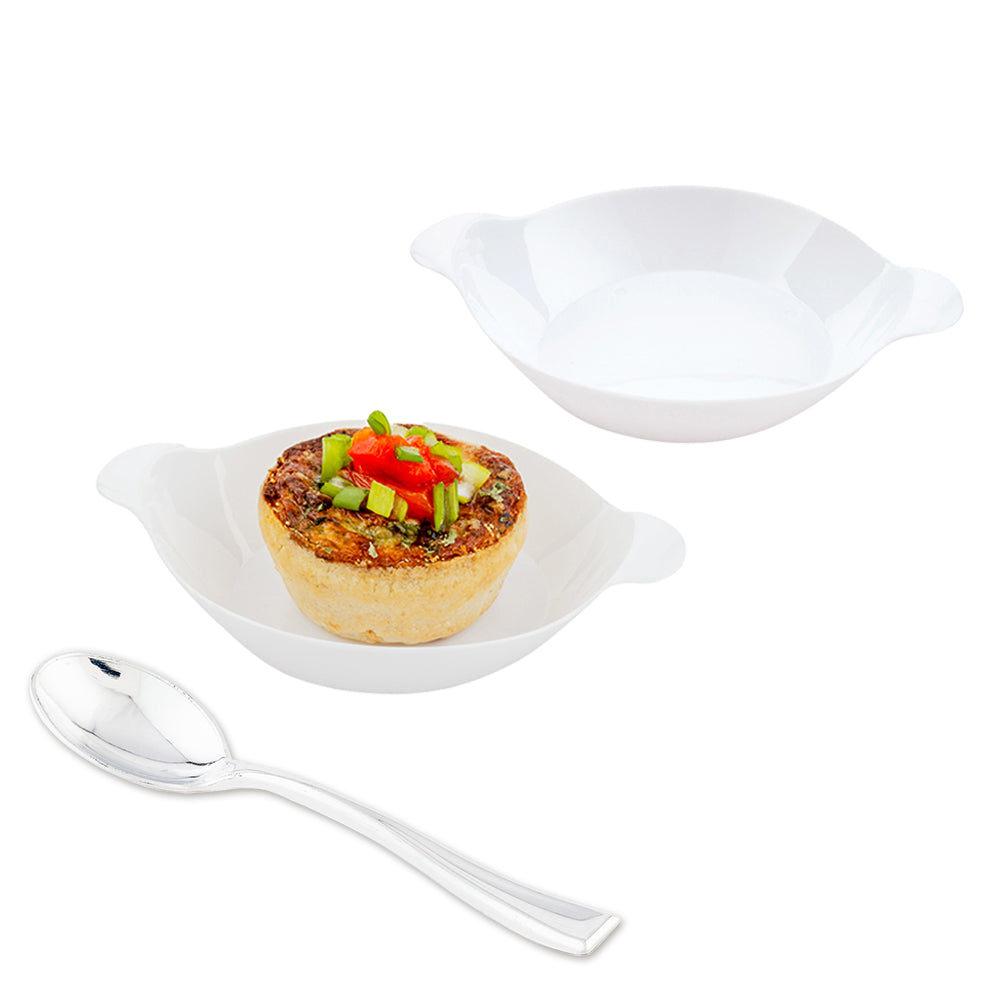 Mini Serve 100 Oval White 3.75" Plastic Mini Handled Plates and 100 Silver Plastic 4" Mini Spoons