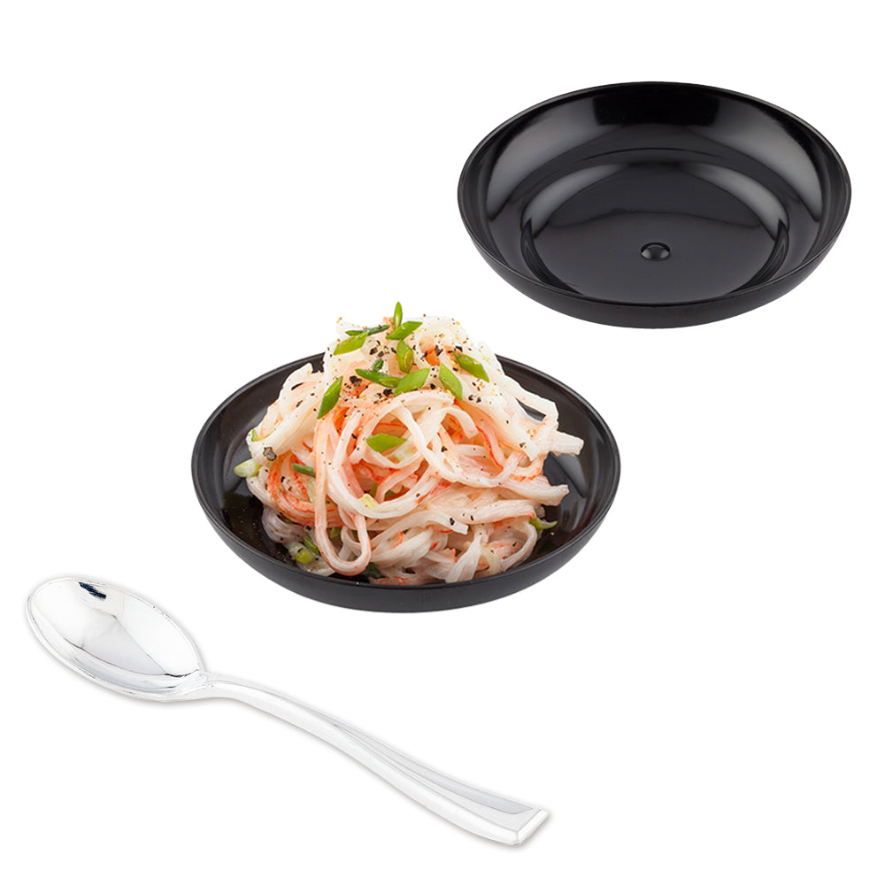 Mini Serve 100 Round Black 3.25" Plastic Mini Rotondo Plates and 100 Silver Plastic 4" Mini Spoons