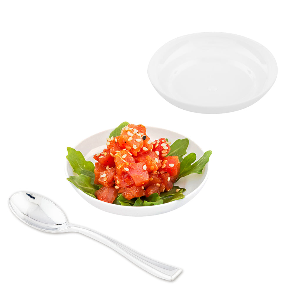 Mini Serve 100 Round White 3.25" Plastic Mini Rotondo Plates and 100 Silver Plastic 4" Mini Spoons
