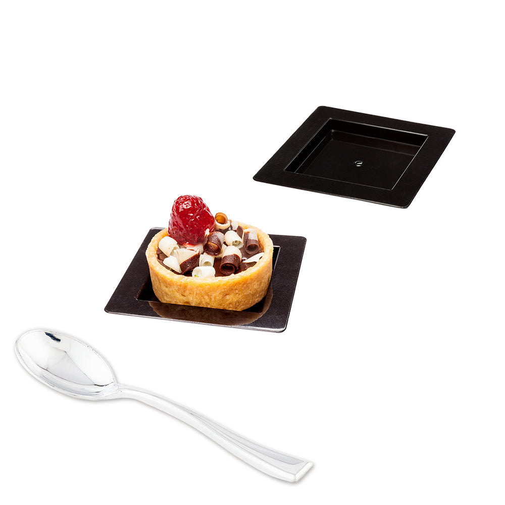 Mini Serve 100 Square Black 2.75" Plastic Mini Edge Plates and 100 Silver Plastic 4" Mini Spoons
