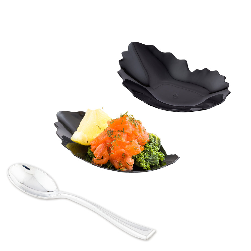 Mini Serve 100 Black Plastic 3.25" Mini Coquille Plates and 100 Silver Plastic 4" Mini Spoons