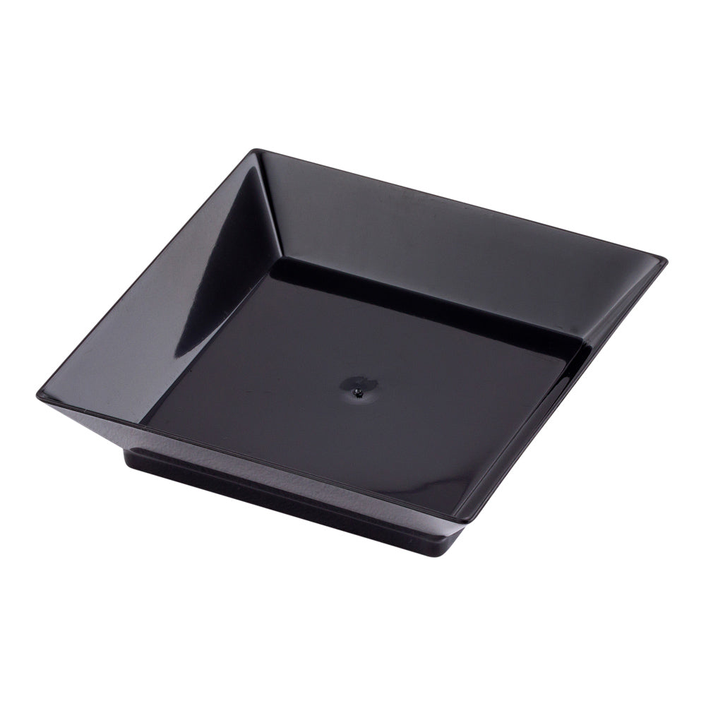 Mini Serve 100 Square Black 2.5" Plastic Mini Modern Plates and 100 Silver Plastic 4" Mini Spoons