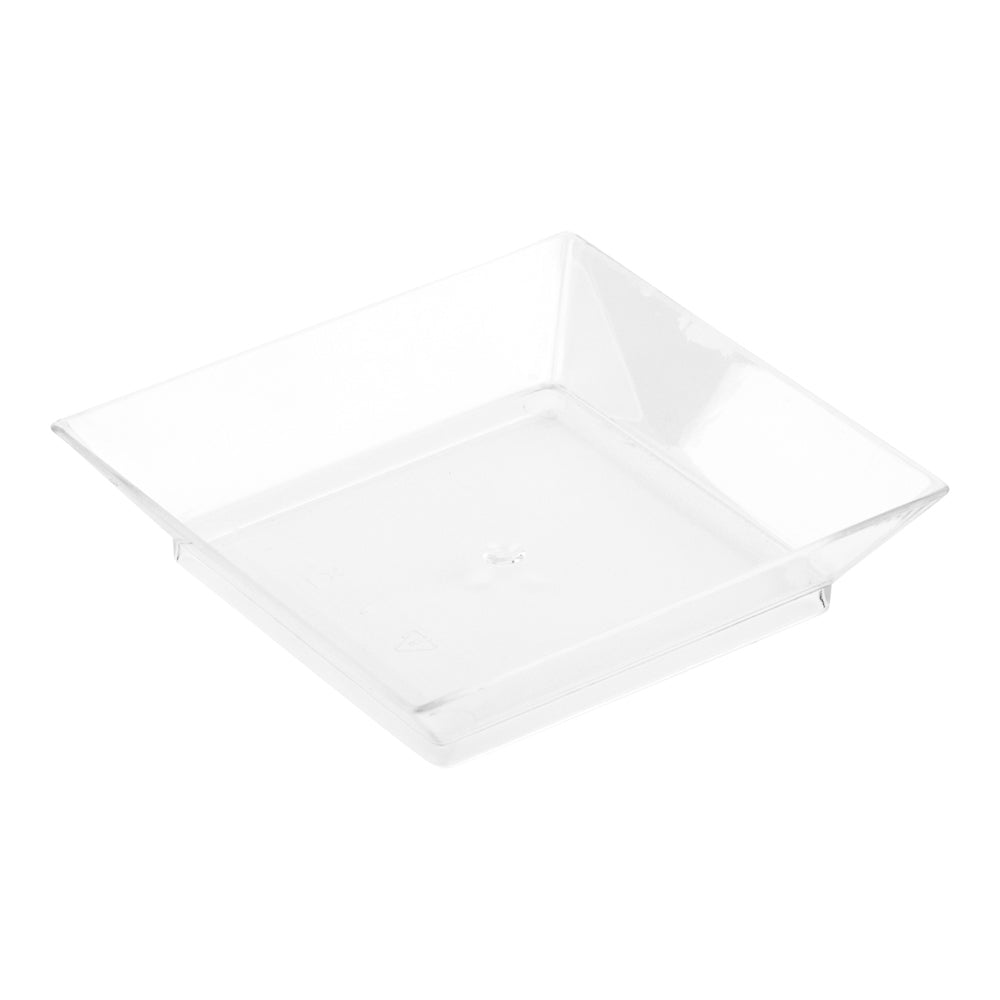 Mini Serve 100 Square Clear 2.5" Plastic Mini Modern Plates and 100 Silver Plastic 4" Mini Spoons