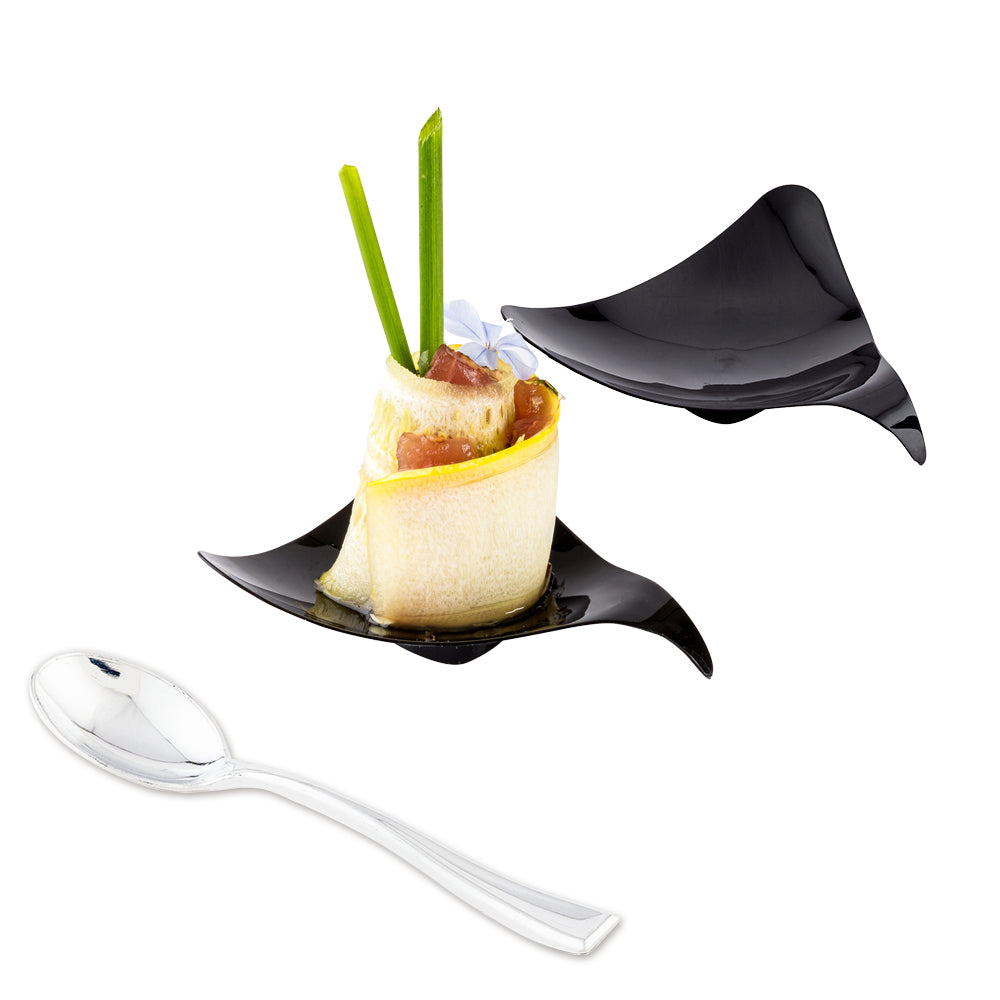 Mini Serve 100 Triangle Black 3" Plastic Shooting Star Appetizer Plates and 100 Silver Plastic 4" Mini Spoons