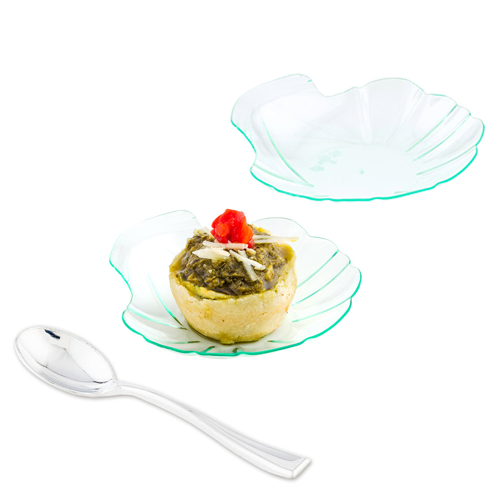 Mini Serve 100 Seagreen Plastic 3.25" Shell Plates and 100 Silver Plastic 4" Mini Spoons