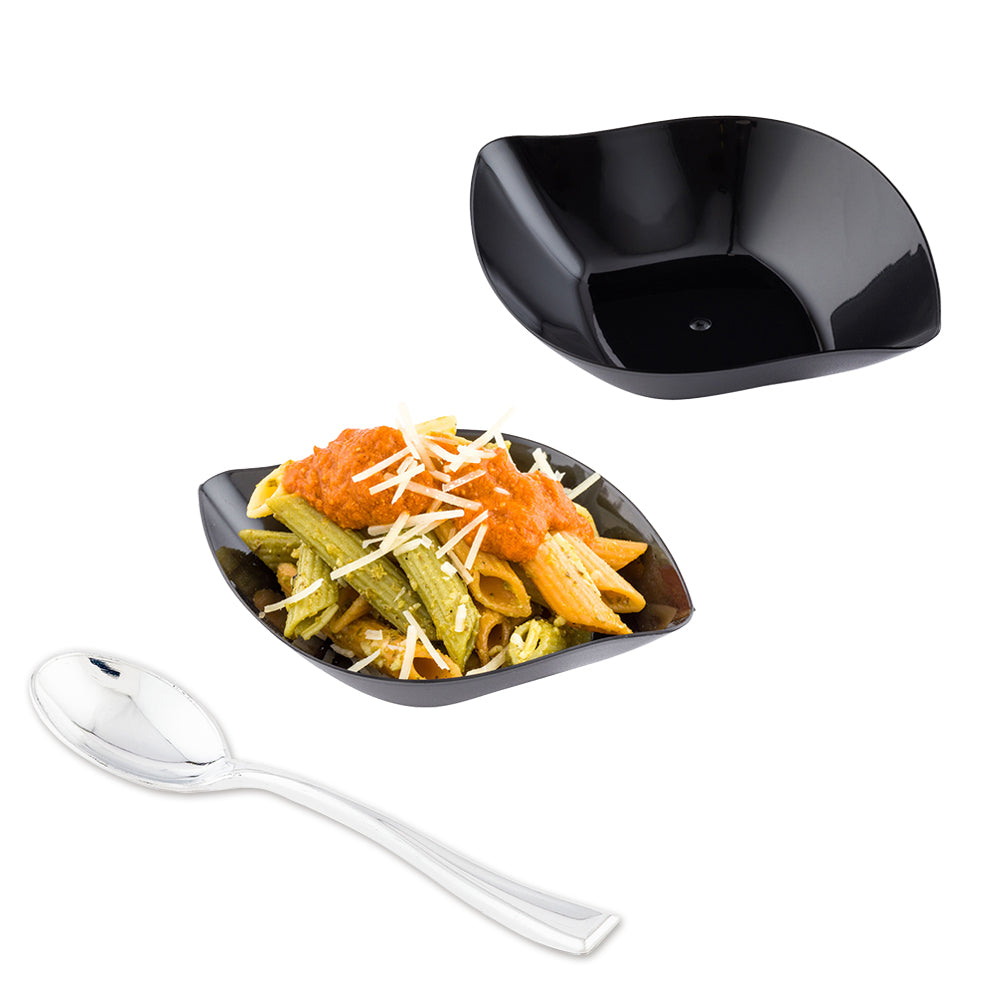 Mini Serve 100 Square Black 3.5" Plastic Comma Plates and 100 Silver Plastic 4" Mini Spoons