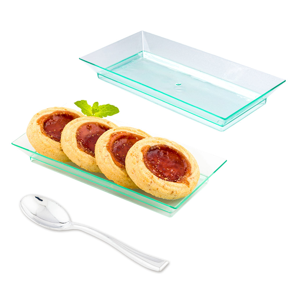Mini Serve 100 Rectangle Seagreen 5" Plastic Plates and 100 Silver Plastic 4" Mini Spoons