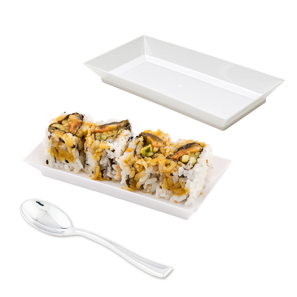 Mini Serve 100 Rectangle White 5" Plastic Plates and 100 Silver Plastic 4" Mini Spoons