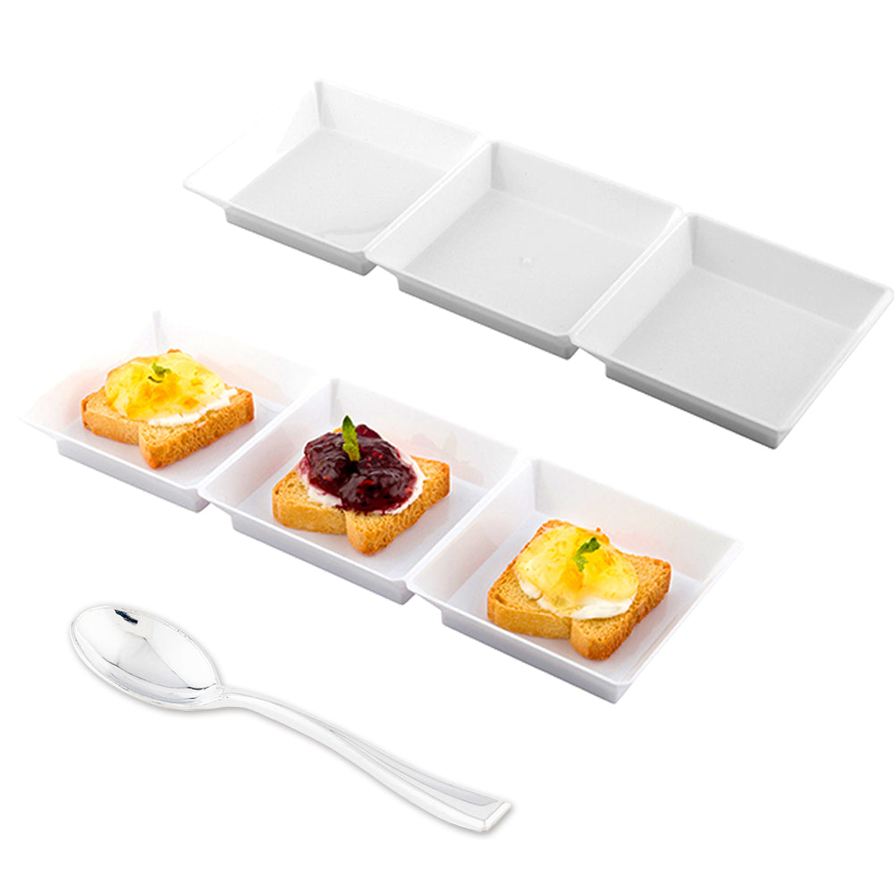 Mini Serve 100 Rectangle White 7.5" Plastic Terzetto Mini Plates and 100 Silver Plastic 4" Mini Spoons