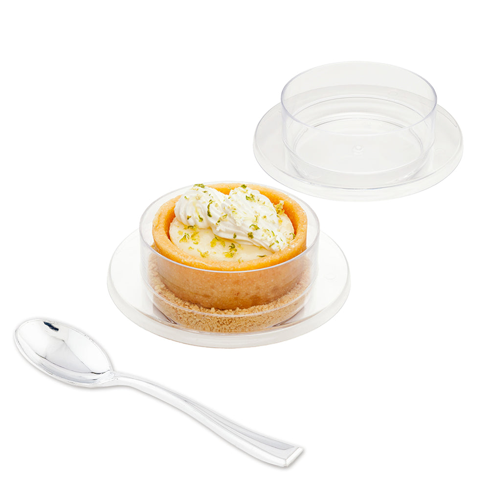 Mini Serve 100 3 oz Round Clear Plastic Gastronomique Petri Dish and 100 Silver Plastic 4" Mini Spoons