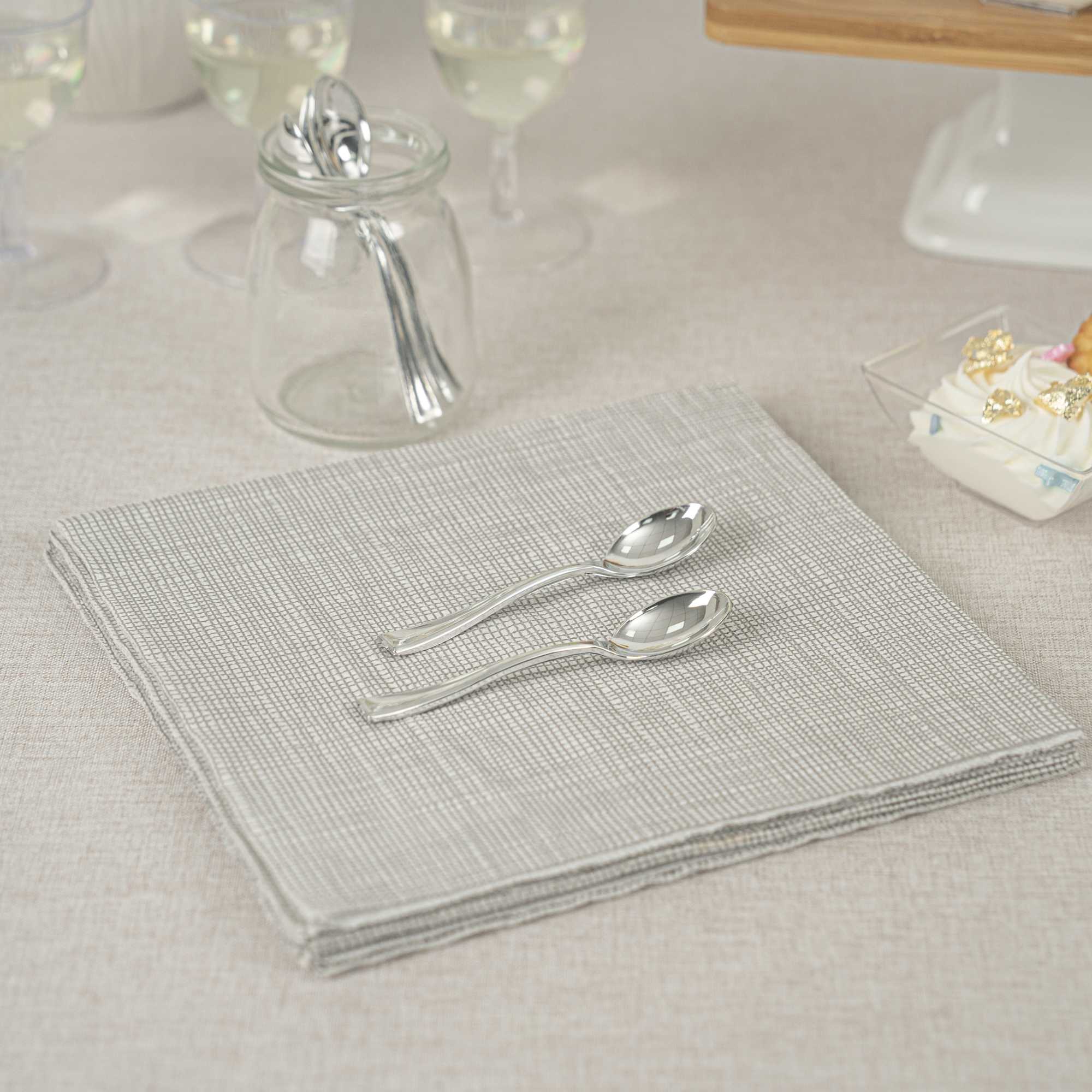 Mini Serve 100 White 3.7" Plastic Fish Tasting Plates and 100 Silver Plastic 4" Mini Spoons
