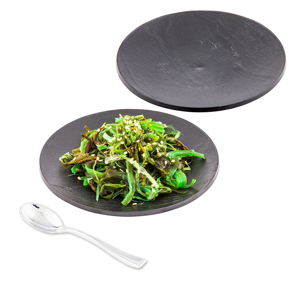 Mini Serve 100 Round Black 5" Plastic Small Plates and 100 Silver Plastic 4" Mini Spoons