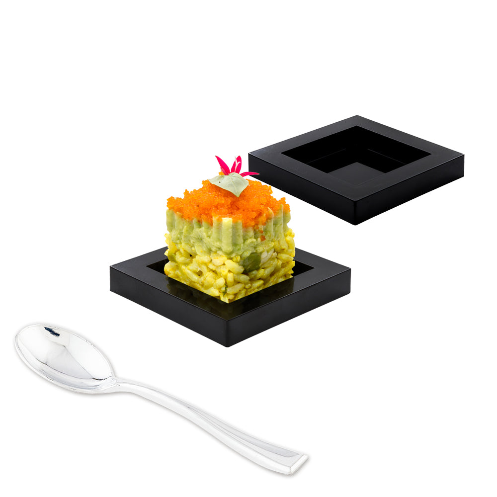 Mini Serve 100 Square Black 2.5" Plastic Mini Cubic Plates and 100 Silver Plastic 4" Mini Spoons