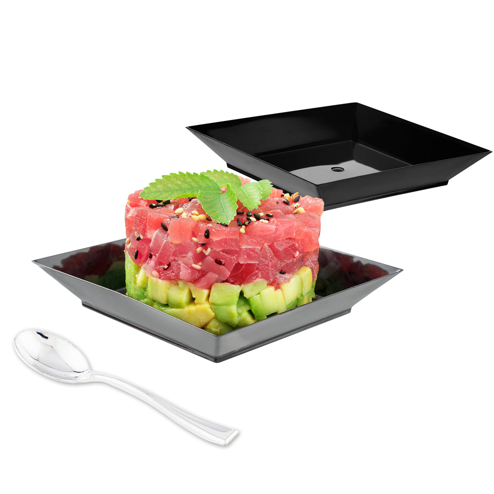 Mini Serve 100 Square Black 3.9" Plastic Small Modern Plates and 100 Silver Plastic 4" Mini Spoons