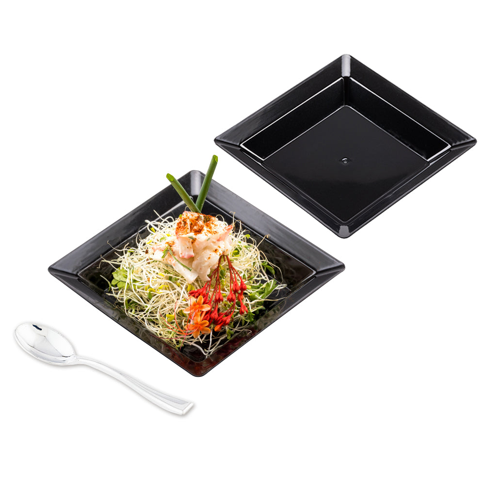 Mini Serve 100 Square Black 4.25" Plastic Plates and 100 Silver Plastic 4" Mini Spoons