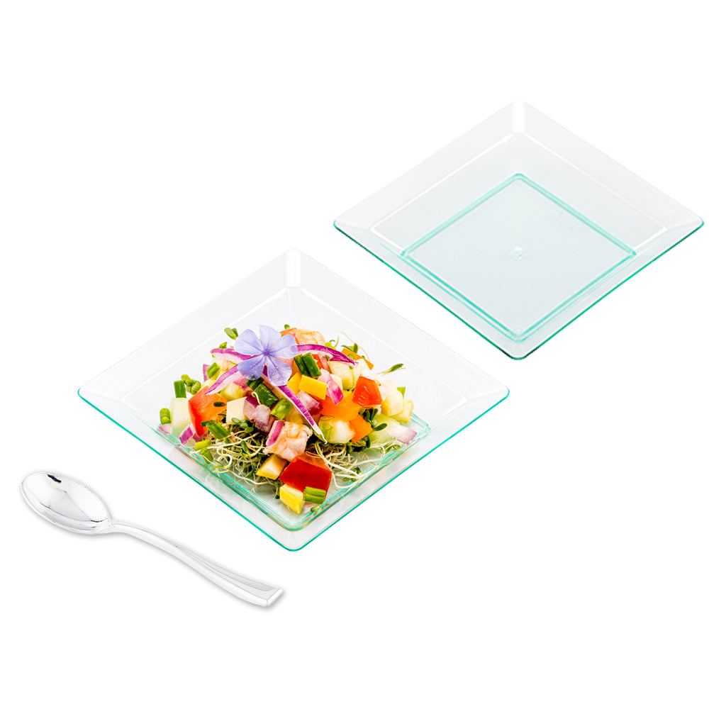 Mini Serve 100 Square Seagreen 4.25" Plastic Plates and 100 Silver Plastic 4" Mini Spoons