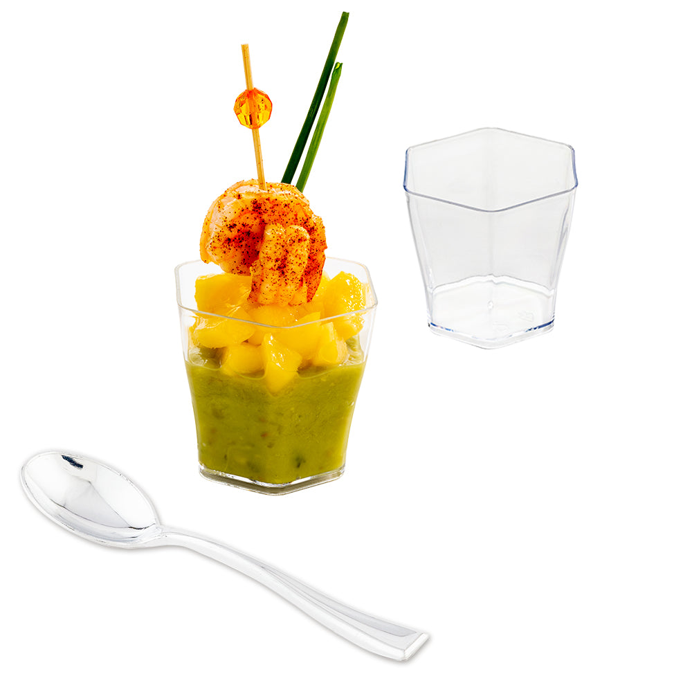 Mini Serve 100 2 oz Hexagon Clear Plastic Glass and 100 Silver Plastic 4" Mini Spoons