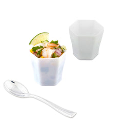 Mini Serve 100 2 oz Hexagon White Plastic Glass and 100 Silver Plastic 4
