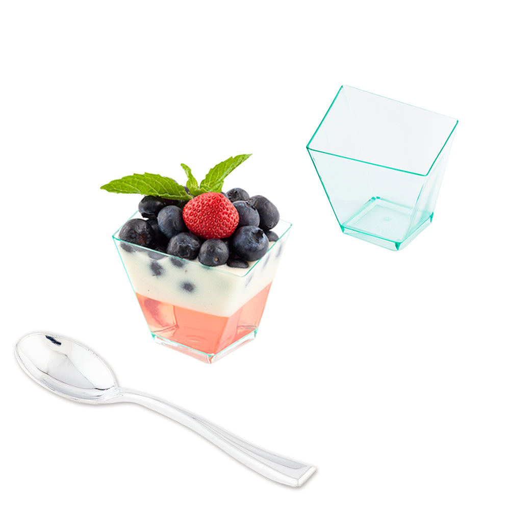 Mini Serve 100 2 oz Square Seagreen Plastic Girata Dessert Dish and 100 Silver Plastic 4" Mini Spoons