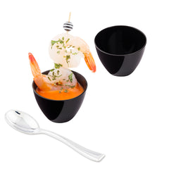 Mini Serve 100 2 oz Round Black Plastic Mini Tasting Bowls and 100 Silver Plastic 4