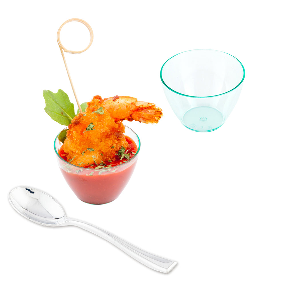 Mini Serve 100 2 oz Round Seagreen Plastic Mini Tasting Bowls and 100 Silver Plastic 4" Mini Spoons
