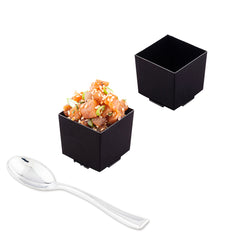 Mini Serve 100 3 oz Square Black Plastic Quadrato Cups and 100 Silver Plastic 4