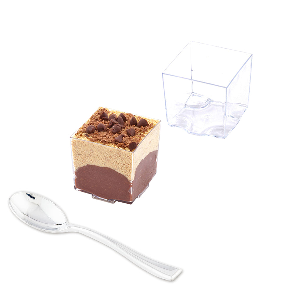 Mini Serve 100 3 oz Square Clear Plastic Quadrato Cups and 100 Silver Plastic 4" Mini Spoons