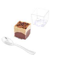Mini Serve 100 3 oz Square Clear Plastic Quadrato Cups and 100 Silver Plastic 4