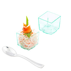 Mini Serve 100 3 oz Square Seagreen Plastic Quadrato Cups and 100 Silver Plastic 4