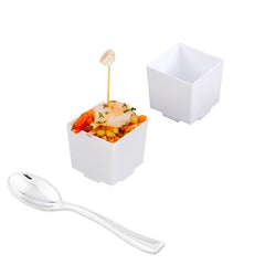 Mini Serve 100 3 oz Square White Plastic Quadrato Cups and 100 Silver Plastic 4