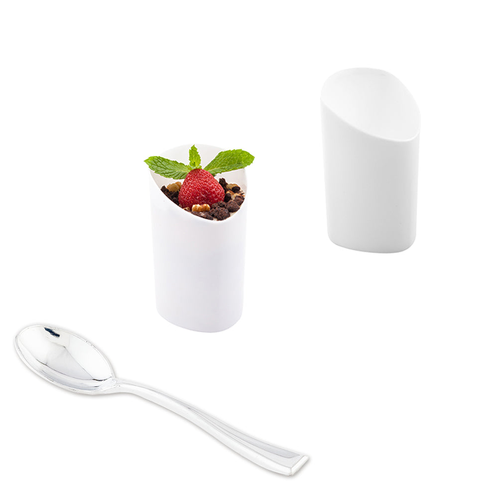 Mini Serve 100 3 oz White Plastic Triangolo Shot Glass and 100 Silver Plastic 4" Mini Spoons