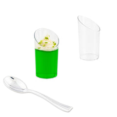 Mini Serve Bundle: 100 3 oz Round Clear Plastic Incline Shot Glass with 100 Silver Plastic 4