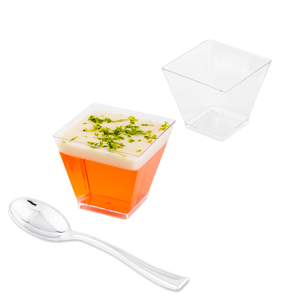 Mini Serve Bundle: 300 2 oz Square Clear Plastic Mini Kova Cups with 300 Silver Plastic 4" Mini Spoons