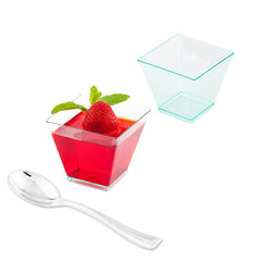 Mini Serve Bundle: 100 2 oz Square Seagreen Plastic Mini Kova Cups with 100 Silver Plastic 4