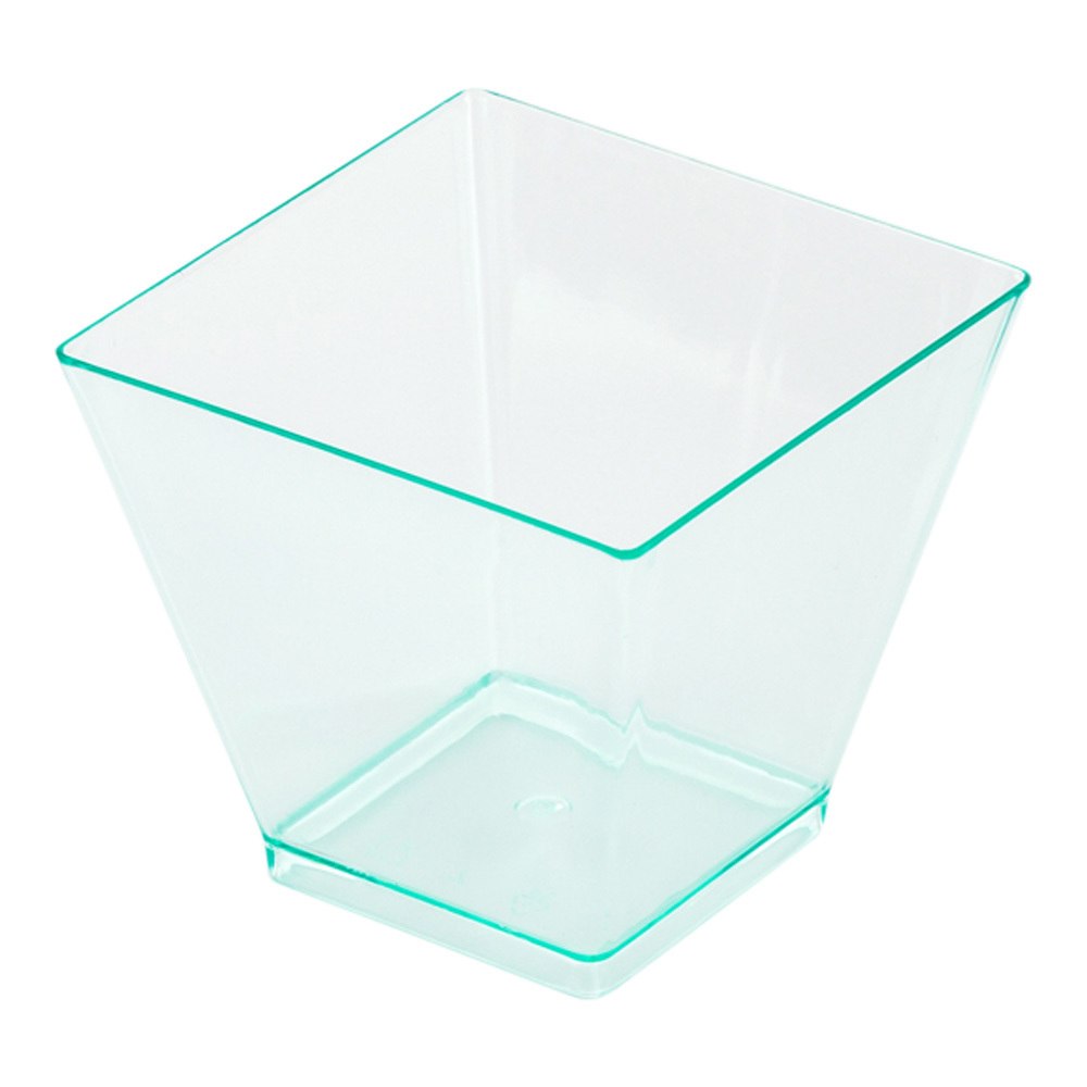 Mini Serve Bundle: 100 2 oz Square Seagreen Plastic Mini Kova Cups with 100 Silver Plastic 4" Mini Spoons