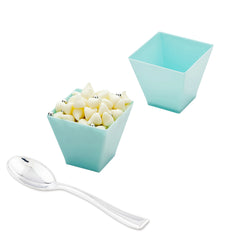 Mini Serve Bundle: 100 2 oz Square Baby Blue Plastic Mini Kova Cups with 100 Silver Plastic 4